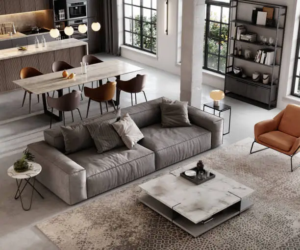 Photorealistic 3D render design layout showing architectural textures