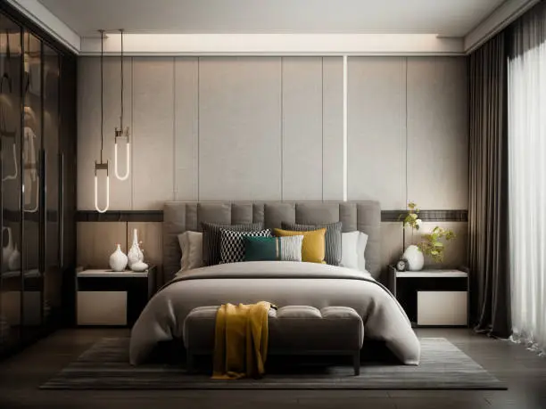 Relaxing master bedroom cozy bed and lighting layout